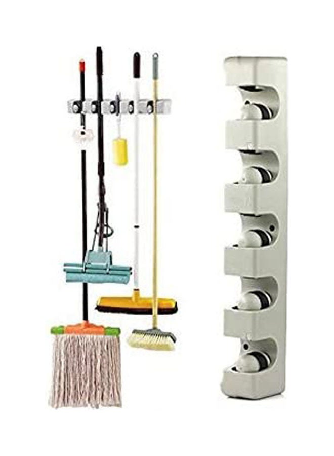 5 Position 6 Hooks Wall Mounted Mop Broom Holder Hanger Kitchen Shelf Storage Holder Garage Storage Grey  - Image 2