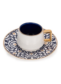 Dallaty 12-Piece Porcelain Turkish Coffee Cup And Saucer Set Blue/White/Gold 220ml  - Image 3