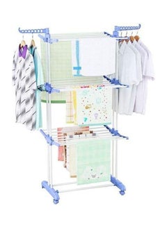 Generic Blossoms Foldable Clothes Laundry Drying Rack With Fordable Wings Shape Standing Airfoil-Style Rack Hanging Rods 3 Layer & Four 360 Degree Wheels Blue-Silver 170*126cm  - Image 1