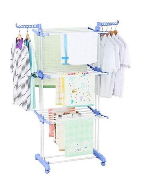 Blossoms Foldable Clothes Laundry Drying Rack With Fordable Wings Shape Standing Airfoil-Style Rack Hanging Rods 3 Layer & Four 360 Degree Wheels Blue-Silver 170*126cm