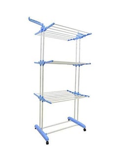 Generic Blossoms Foldable Clothes Laundry Drying Rack With Fordable Wings Shape Standing Airfoil-Style Rack Hanging Rods 3 Layer & Four 360 Degree Wheels Blue-Silver 170*126cm  - Image 3
