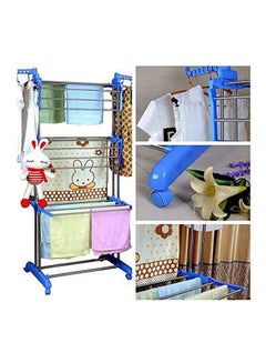 Generic Blossoms Foldable Clothes Laundry Drying Rack With Fordable Wings Shape Standing Airfoil-Style Rack Hanging Rods 3 Layer & Four 360 Degree Wheels Blue-Silver 170*126cm  - Image 2