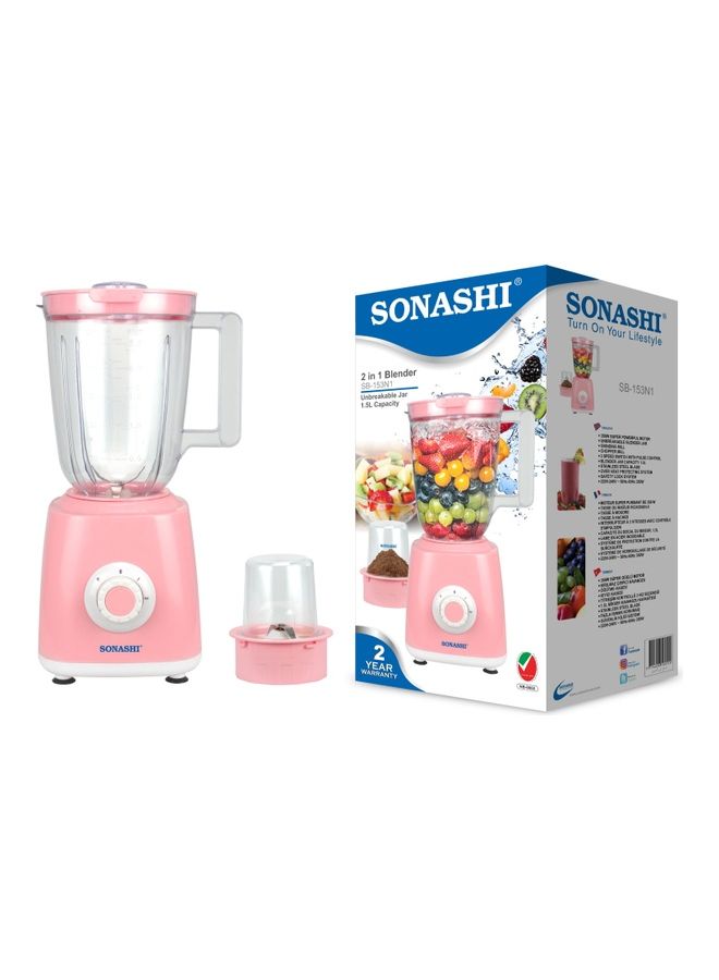 SONASHI - 2 in 1 Powerful Blender - Unbreakable Blender Jar (1.5L) and Grinding Cup | 2 Speed Setting with Pulse Control | Featured with Overheat Protection and Safety Lock System 1.5 L 350 W SB-153N1 Pink - Image 1