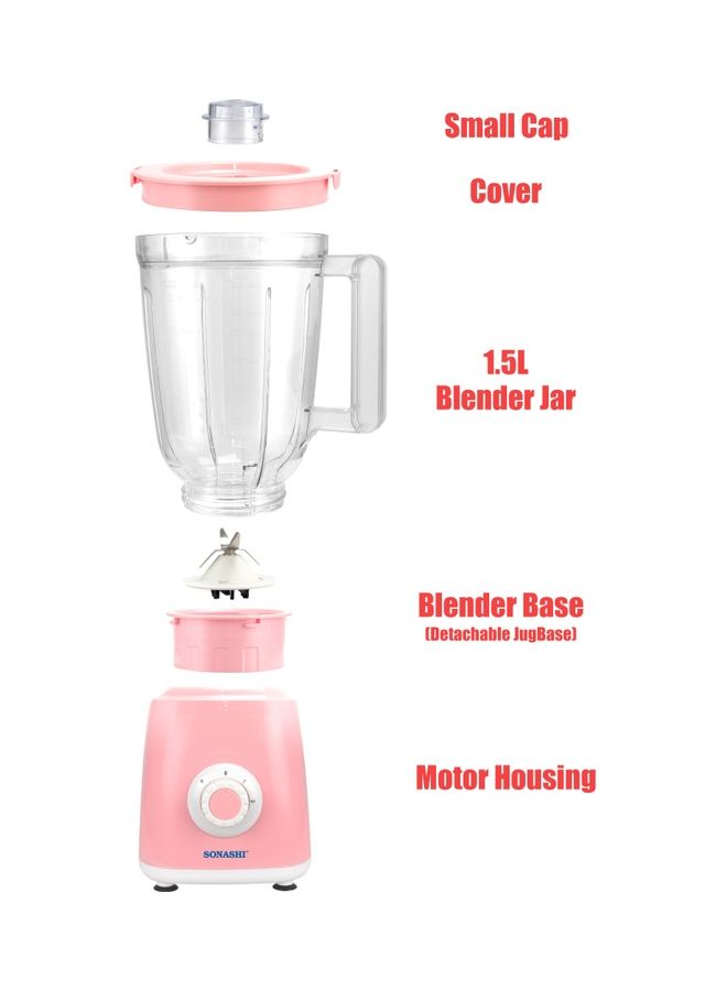 SONASHI - 2 in 1 Powerful Blender - Unbreakable Blender Jar (1.5L) and Grinding Cup | 2 Speed Setting with Pulse Control | Featured with Overheat Protection and Safety Lock System 1.5 L 350 W SB-153N1 Pink - Image 1