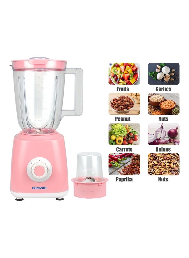 SONASHI - 2 in 1 Powerful Blender - Unbreakable Blender Jar (1.5L) and Grinding Cup | 2 Speed Setting with Pulse Control | Featured with Overheat Protection and Safety Lock System 1.5 L 350 W SB-153N1 Pink - Image 1