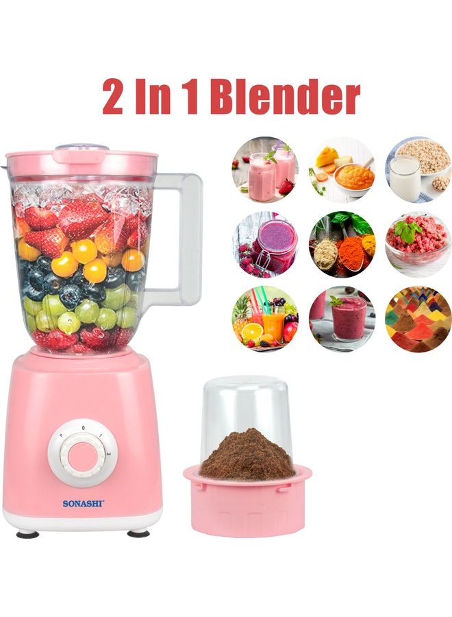 SONASHI - 2 in 1 Powerful Blender - Unbreakable Blender Jar (1.5L) and Grinding Cup | 2 Speed Setting with Pulse Control | Featured with Overheat Protection and Safety Lock System 1.5 L 350 W SB-153N1 Pink - Image 1