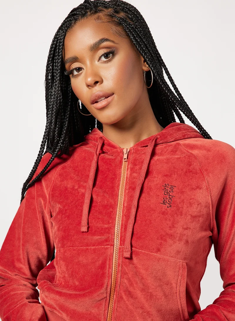 ليس جيرلز ليس بويز Basic Zip-Up Velvet Hoodie Red