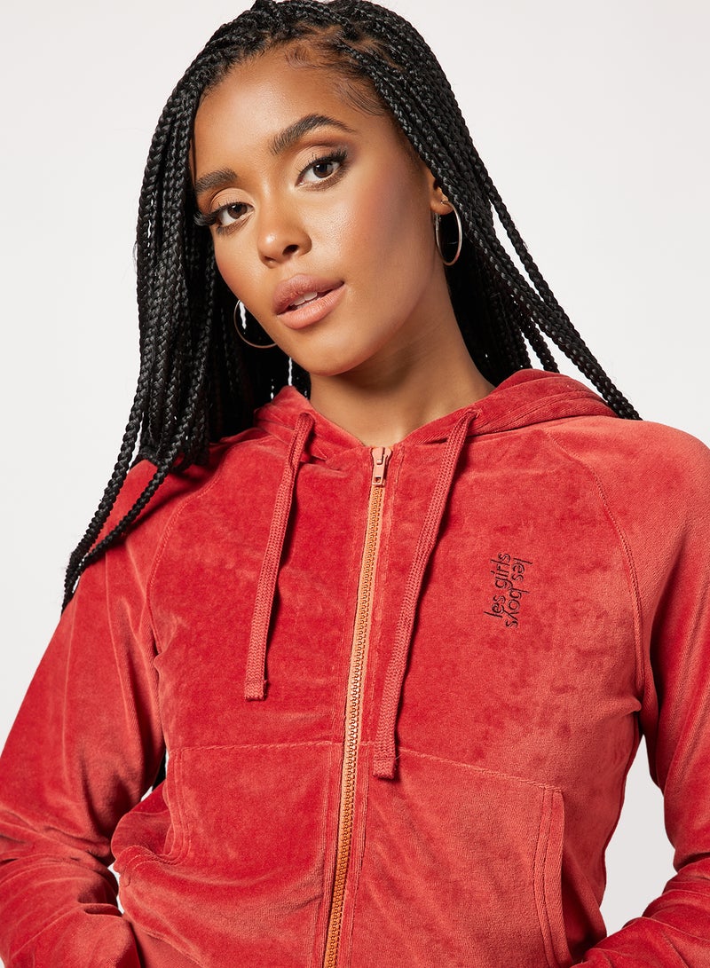 Les Girls Les Boys Basic Zip-Up Velvet Hoodie Red  - Image 3