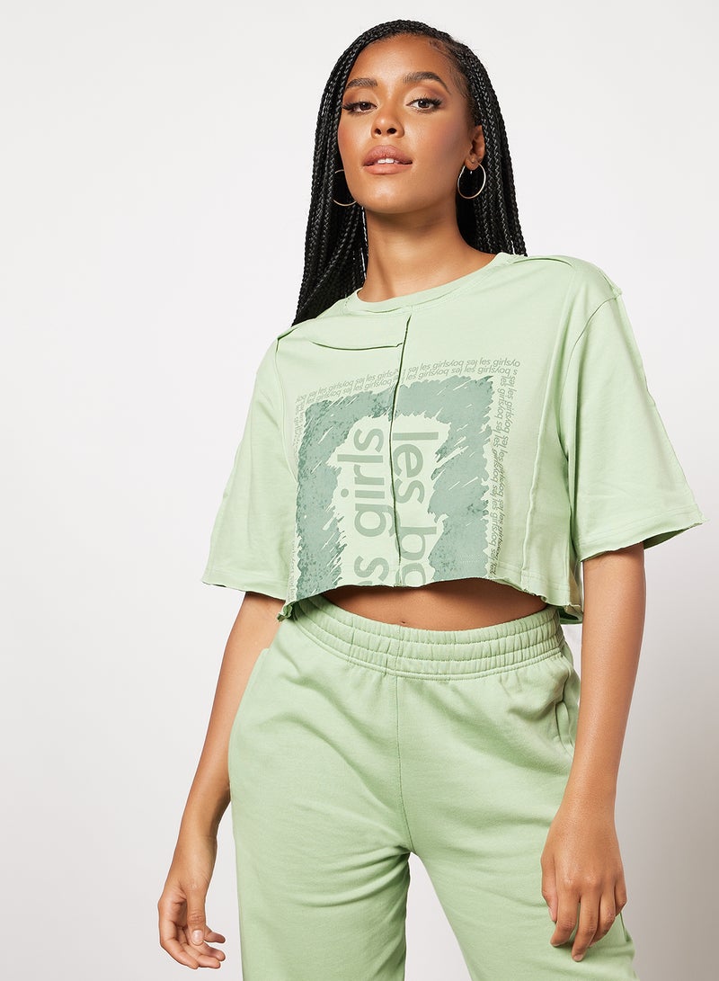 Les Girls Les Boys Deconstructed Cropped T-Shirt Green  - Image 1