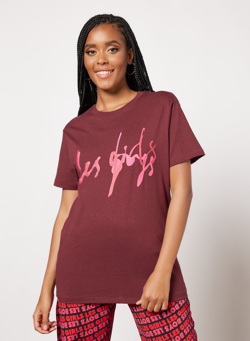 Les Girls Les Boys Graphic Text Print T-Shirt Maroon  - Image 1