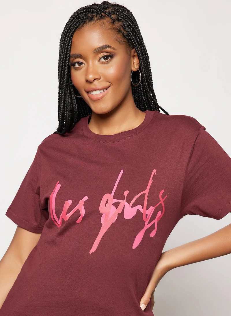 ليس جيرلز ليس بويز Graphic Text Print T-Shirt Maroon