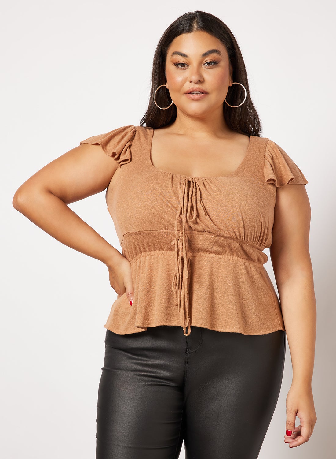 Plus Size Ruffle Sleeve Top Brown - https://f.nooncdn.com/p/v1646301744/N44395966V_1.jpg?format=jpg&width=original