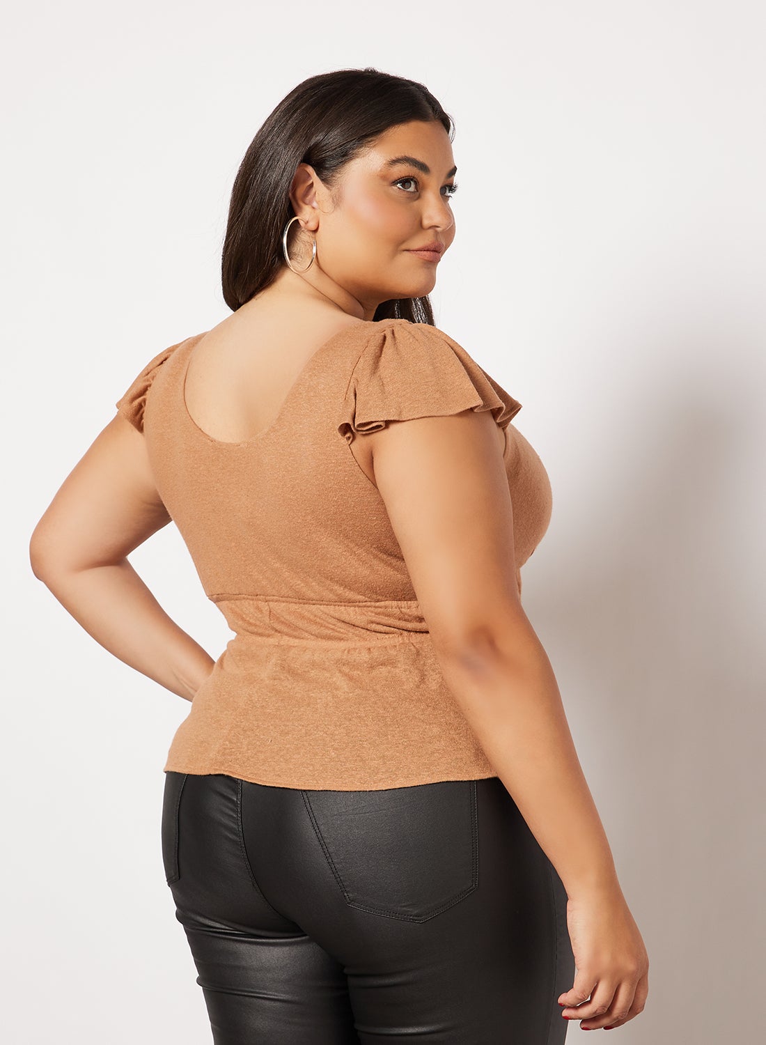 Plus Size Ruffle Sleeve Top Brown - https://f.nooncdn.com/p/v1646301744/N44395966V_2.jpg?format=jpg&width=original