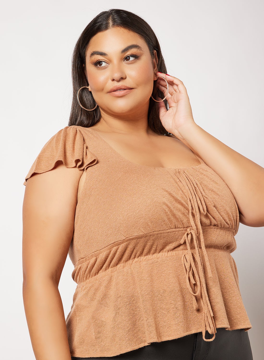 Plus Size Ruffle Sleeve Top Brown - https://f.nooncdn.com/p/v1646301744/N44395966V_3.jpg?format=jpg&width=original