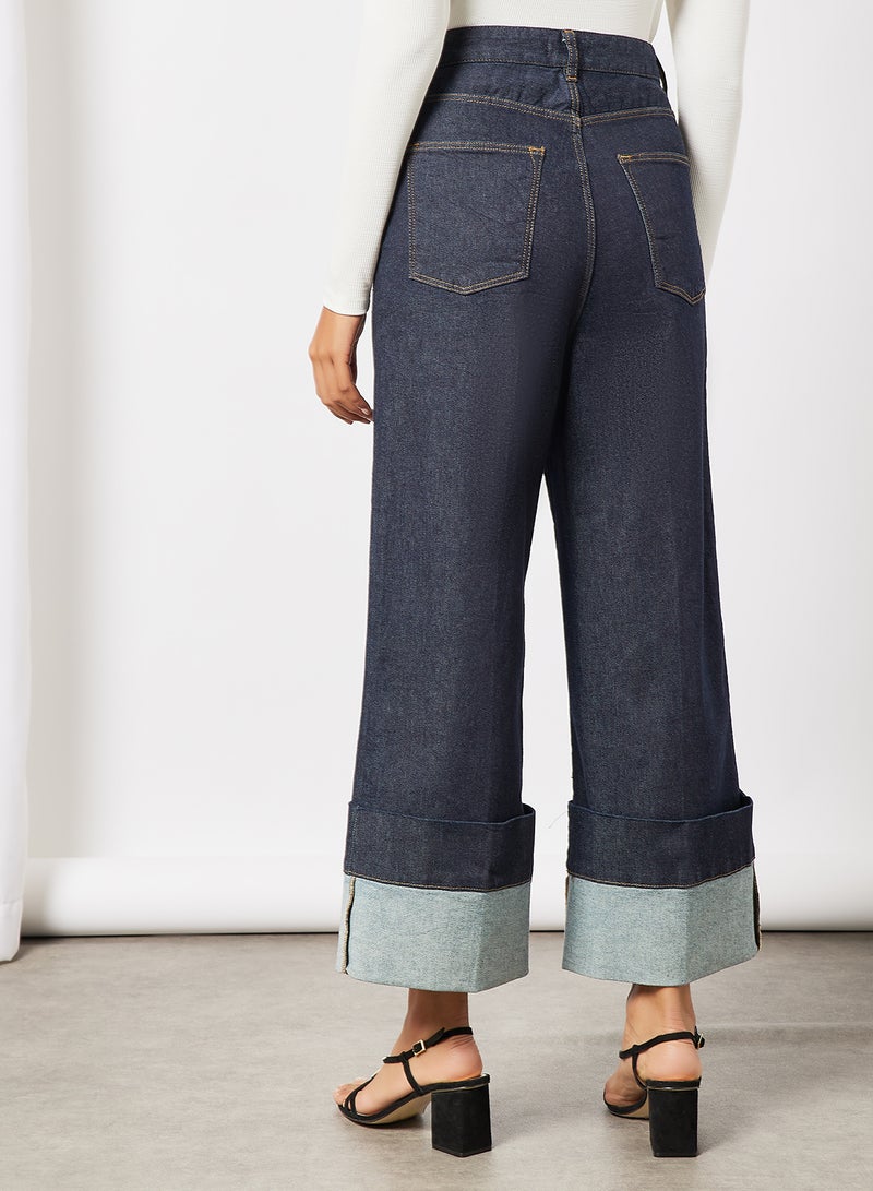Nazz Turn Up Wide Leg Jeans Navy
