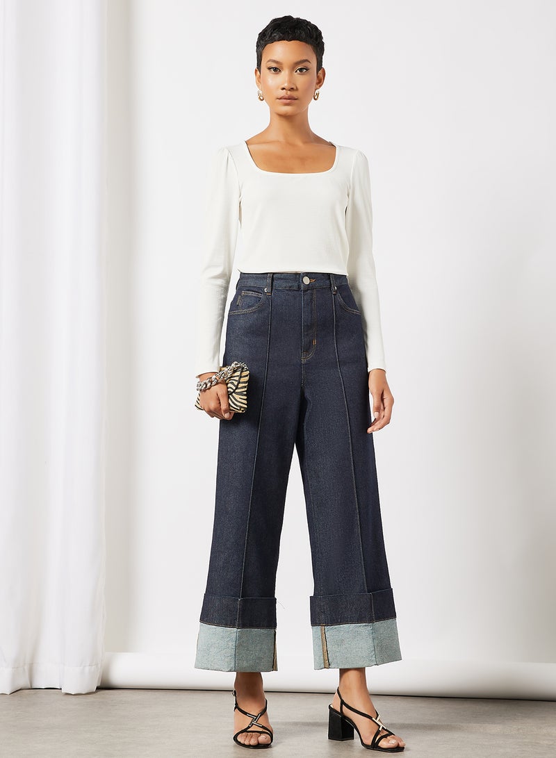 Nazz Turn Up Wide Leg Jeans Navy
