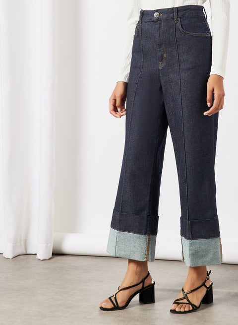 Nazz Turn Up Wide Leg Jeans Navy
