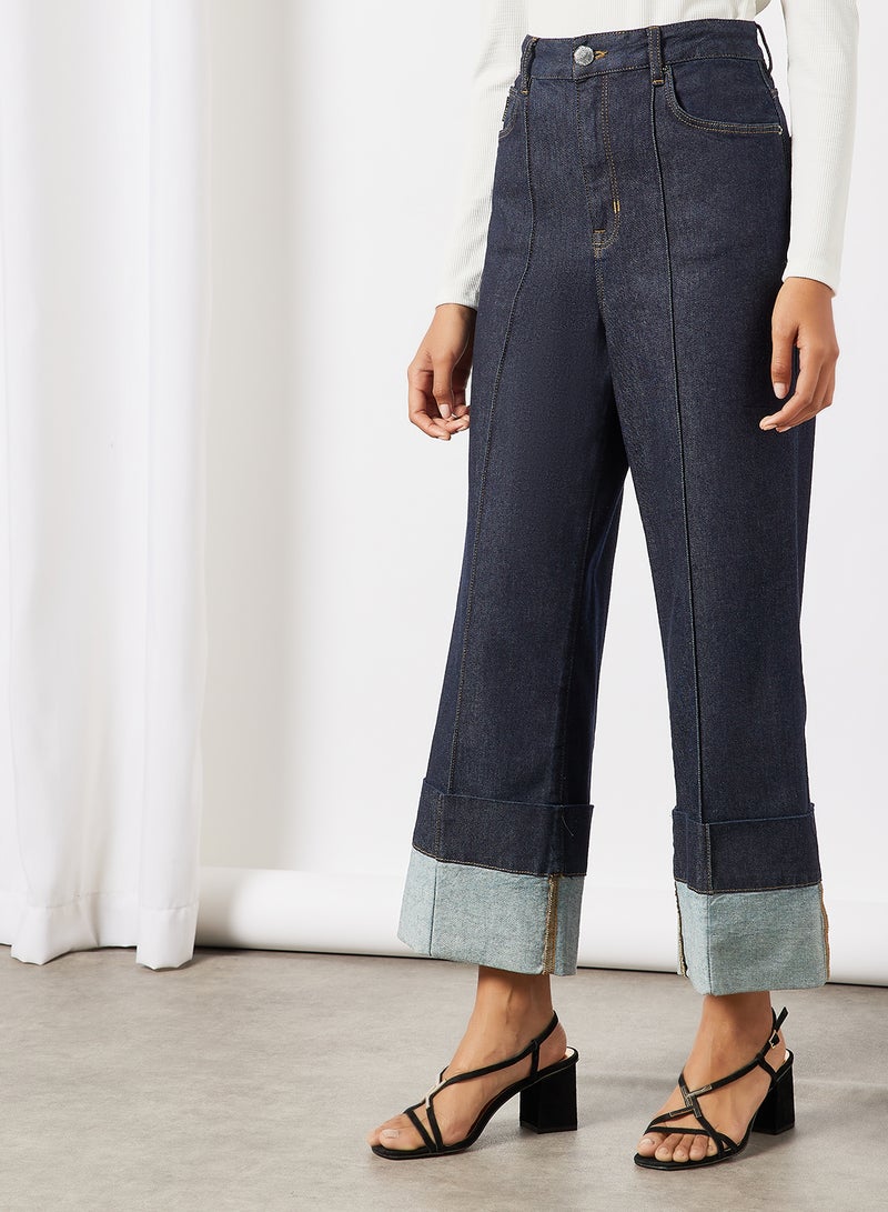 Nazz Turn Up Wide Leg Jeans Navy