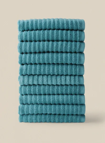 Noon East 10 Piece Bathroom Towel Set - 450 GSM 100% Cotton Ribbed - 10 Hand Towel - Blue Color - Highly Absorbent - Fast Dry Pacific Blue 40 x 70cm
