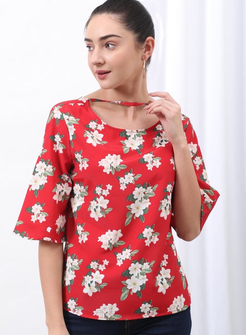 Round Neck Floral Pattern Blouse Top Red