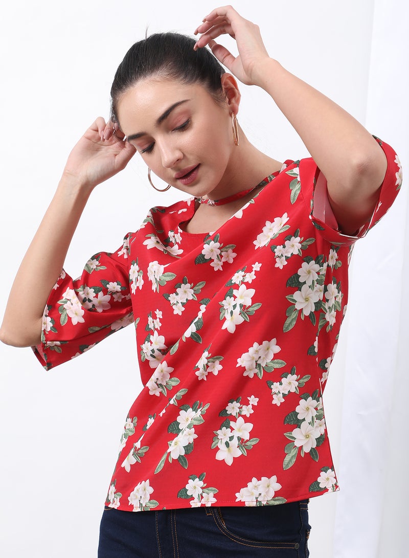 Round Neck Floral Pattern Blouse Top Red