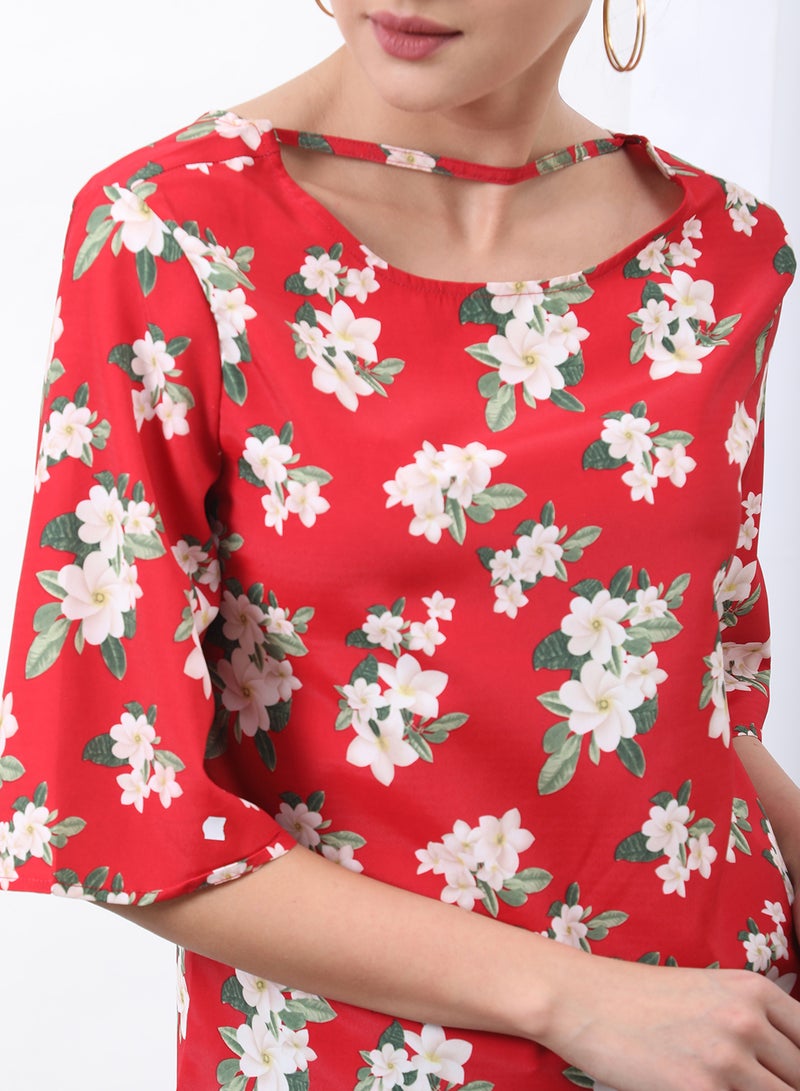 Round Neck Floral Pattern Blouse Top Red