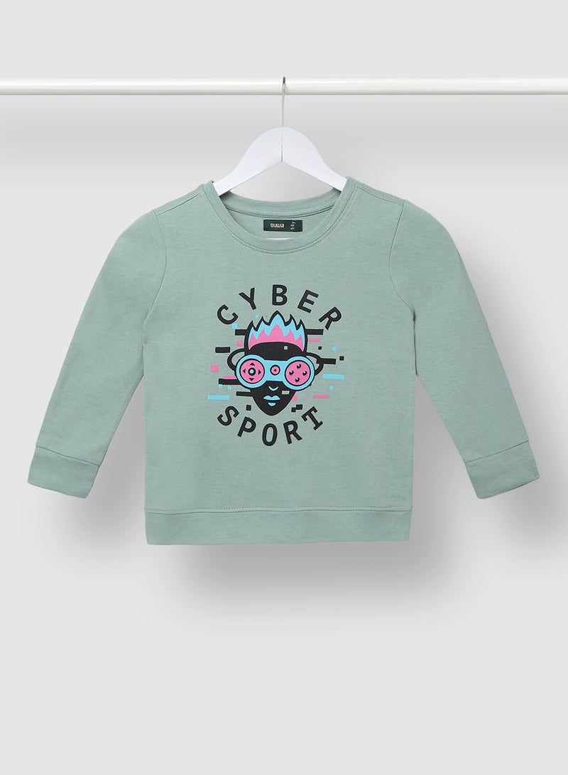 QUWA Stylish Boys Graphic Printed Long Sleeve Cotton Crew Neck Casual Sweatshirt Dark Green  - Image 1