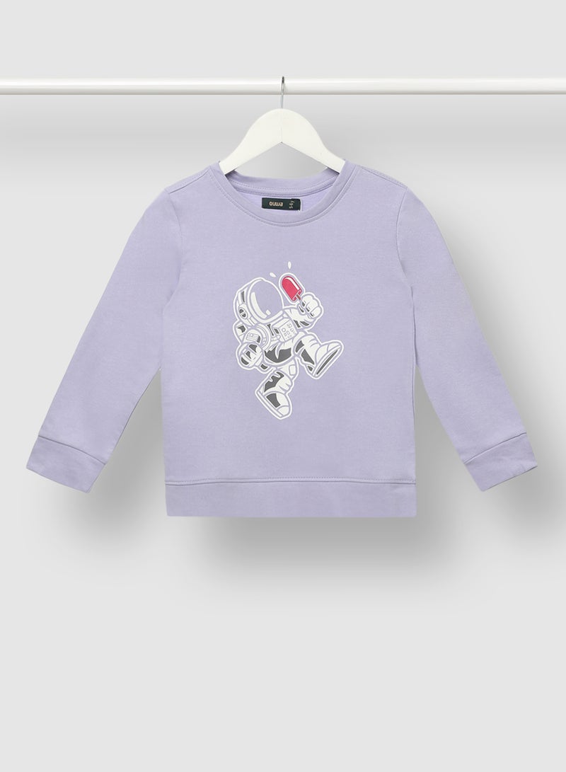 QUWA - Trendy Boys Graphic Printed Crew Neck Sweatshirt Light Purple - Image 1