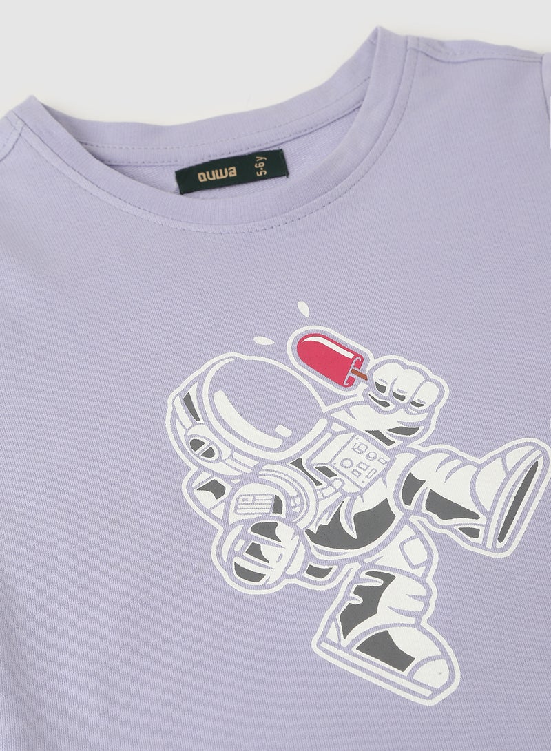 QUWA - Trendy Boys Graphic Printed Crew Neck Sweatshirt Light Purple - Image 1