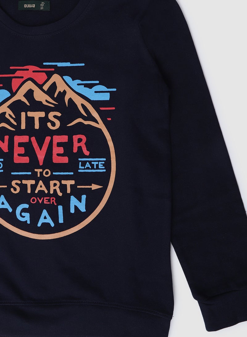 QUWA - Boys Graphic Printed Casual Crew Neck Sweatshirt Navy Blue - Image 1