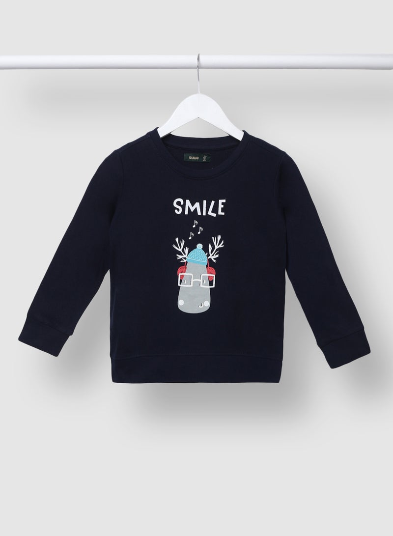 QUWA - Boys Graphic Printed Crew Neck Sweatshirt Navy Blue - Image 1