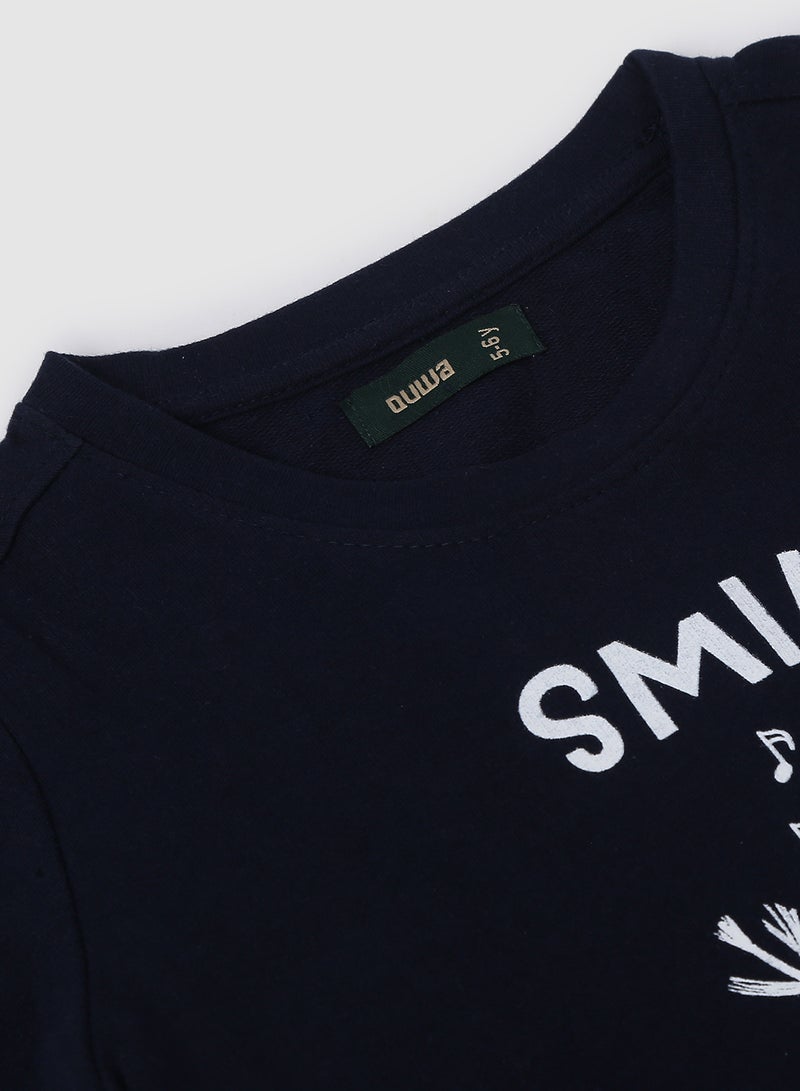 QUWA - Boys Graphic Printed Crew Neck Sweatshirt Navy Blue - Image 1