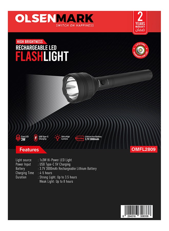 أولسنمارك - كشاف يدوي LED قابل لإعادة الشحن أسود - Image 1