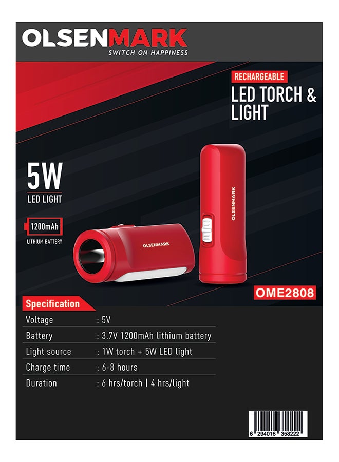 Olsenmark - Rechargeable Emergency LED Flashlight Torch and Light Red 0.103kg - Image 1