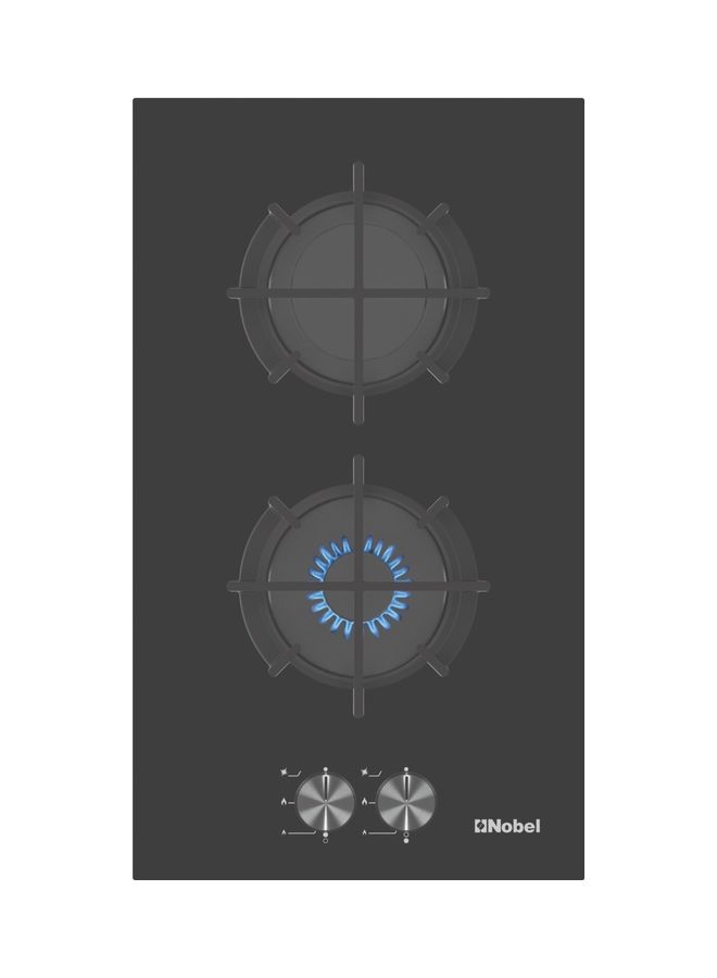 Nobel 30 cm Built-in Hobs, Black Glass Top Plate, Front Control Panel, Cast-Iron Raund Pun Support, Automatic Ignition, UK Plug, Made in Turkey, Premium Kitchen Appliance NBH2101GH Black  - Image 1