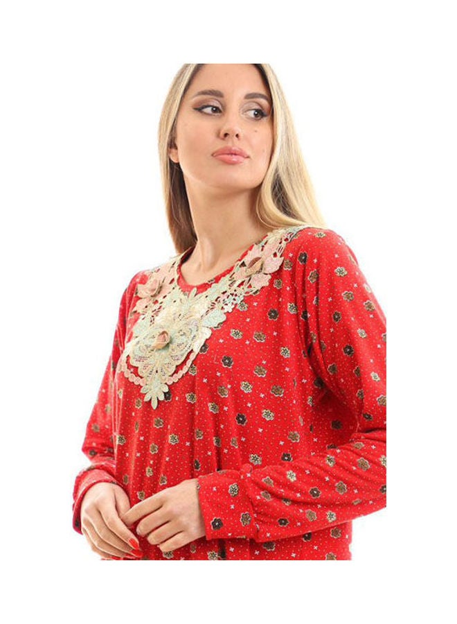 Caesar Printed Long Sleeve Maxi Jalabiya Red  - Image 2