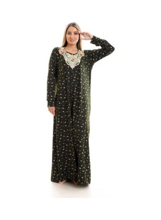Printed Long Sleeve Maxi Jalabiya Dark Green