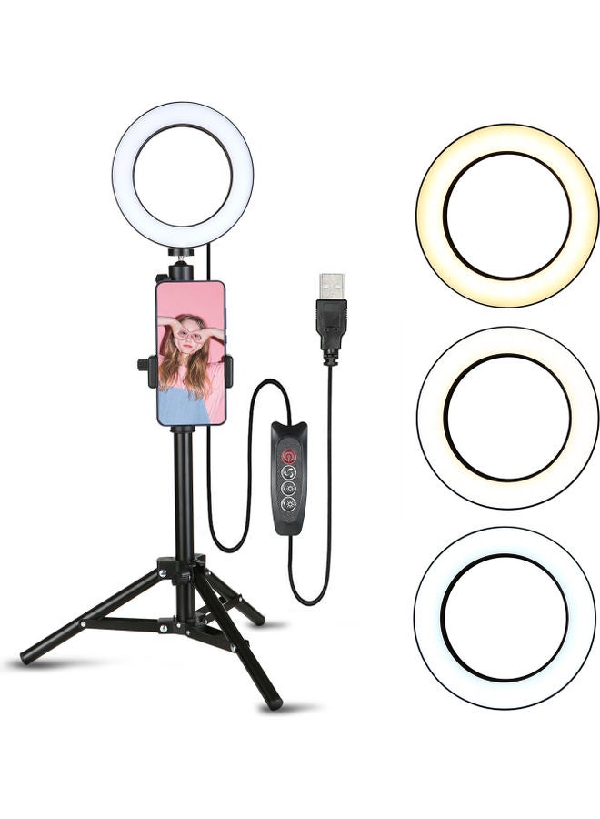 3 Gear Brightness LED Ring Light with Cell Phone Holder Stand for Live Stream Makeup Selfie Recording Lighting Compatible with iPhone Android Smartphones Black