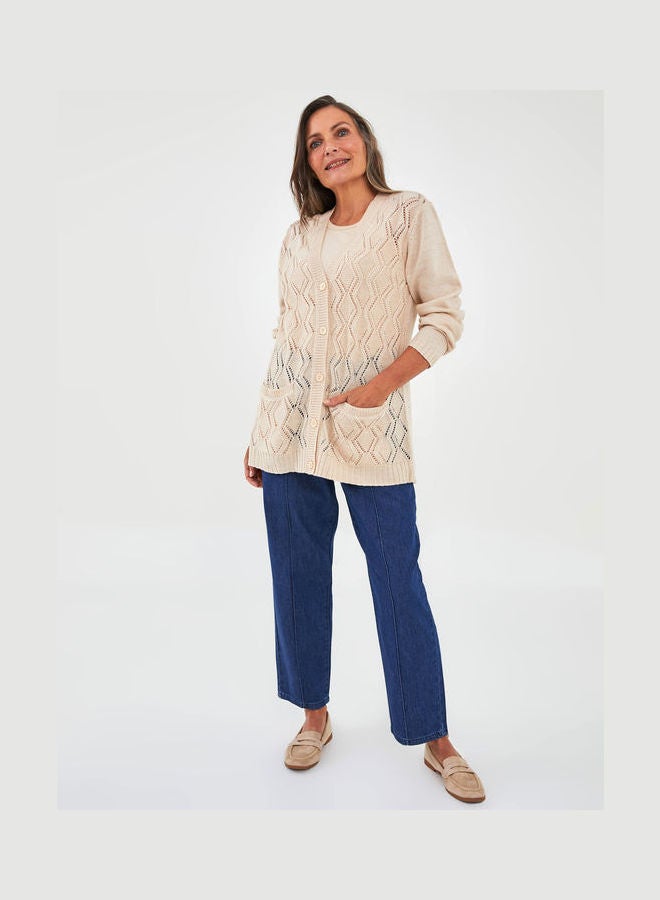 LC WAIKIKI - Grace V Neck Self Patterned Long Sleeve Women's Knitwear Cardigan Beige Melange - Image 1