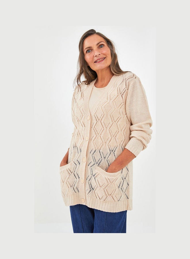 LC WAIKIKI - Grace V Neck Self Patterned Long Sleeve Women's Knitwear Cardigan Beige Melange - Image 1