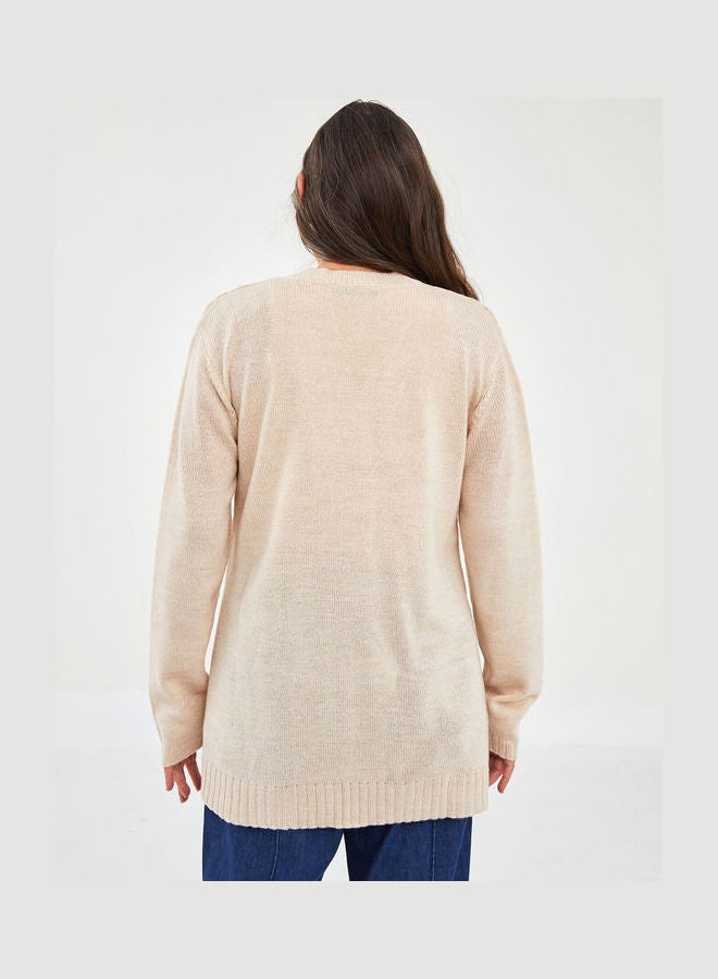 LC WAIKIKI - Grace V Neck Self Patterned Long Sleeve Women's Knitwear Cardigan Beige Melange - Image 1