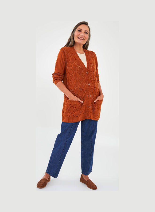 ال سي وايكيكي - Grace V Neck Self Patterned Long Sleeve Women's Knitwear Cardigan Reddish Brown - Image 1