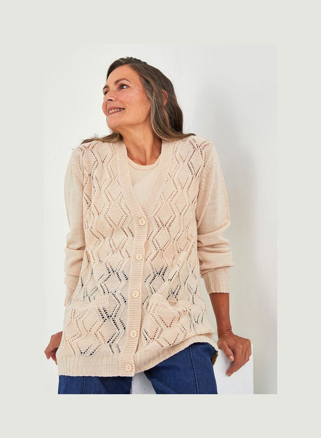 LC WAIKIKI - Grace V Neck Self Patterned Long Sleeve Women's Knitwear Cardigan Beige Melange - Image 1