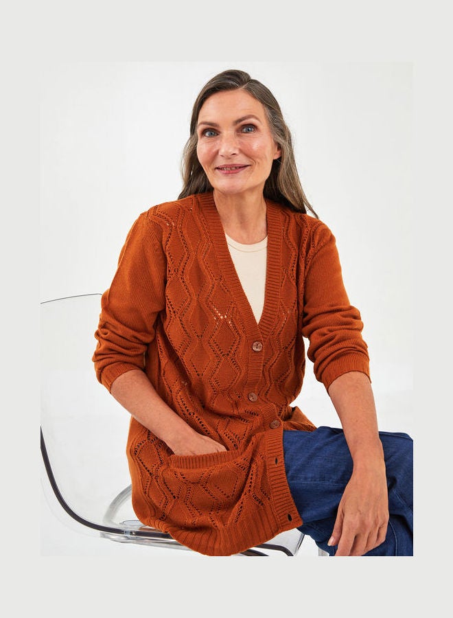 ال سي وايكيكي - Grace V Neck Self Patterned Long Sleeve Women's Knitwear Cardigan Reddish Brown - Image 1