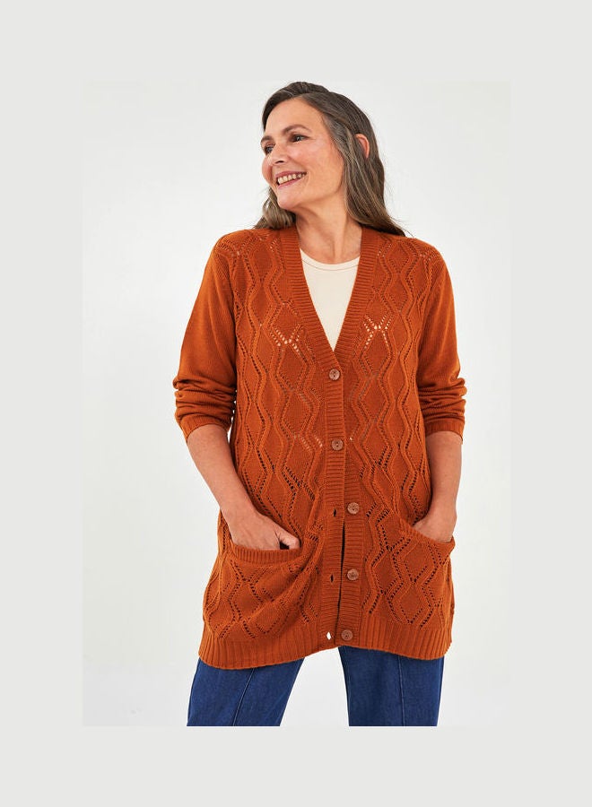 ال سي وايكيكي - Grace V Neck Self Patterned Long Sleeve Women's Knitwear Cardigan Reddish Brown - Image 1
