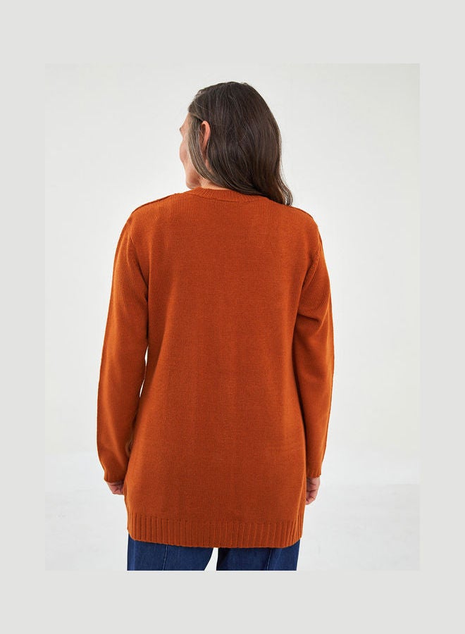 ال سي وايكيكي - Grace V Neck Self Patterned Long Sleeve Women's Knitwear Cardigan Reddish Brown - Image 1