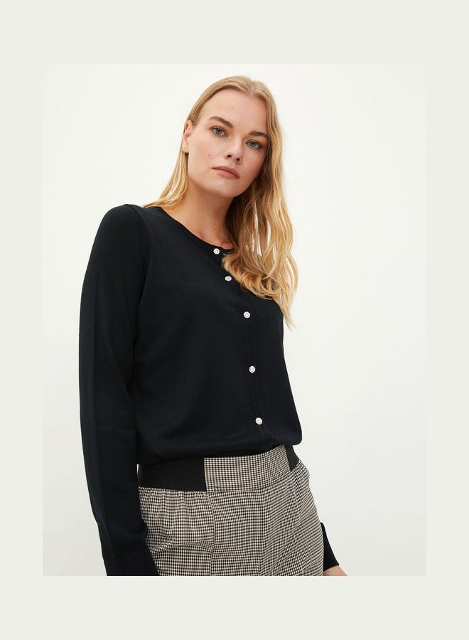 LC WAIKIKI - Basic Crew Neck Straight Long Sleeve Women Knitwear Cardigan Black - Image 1