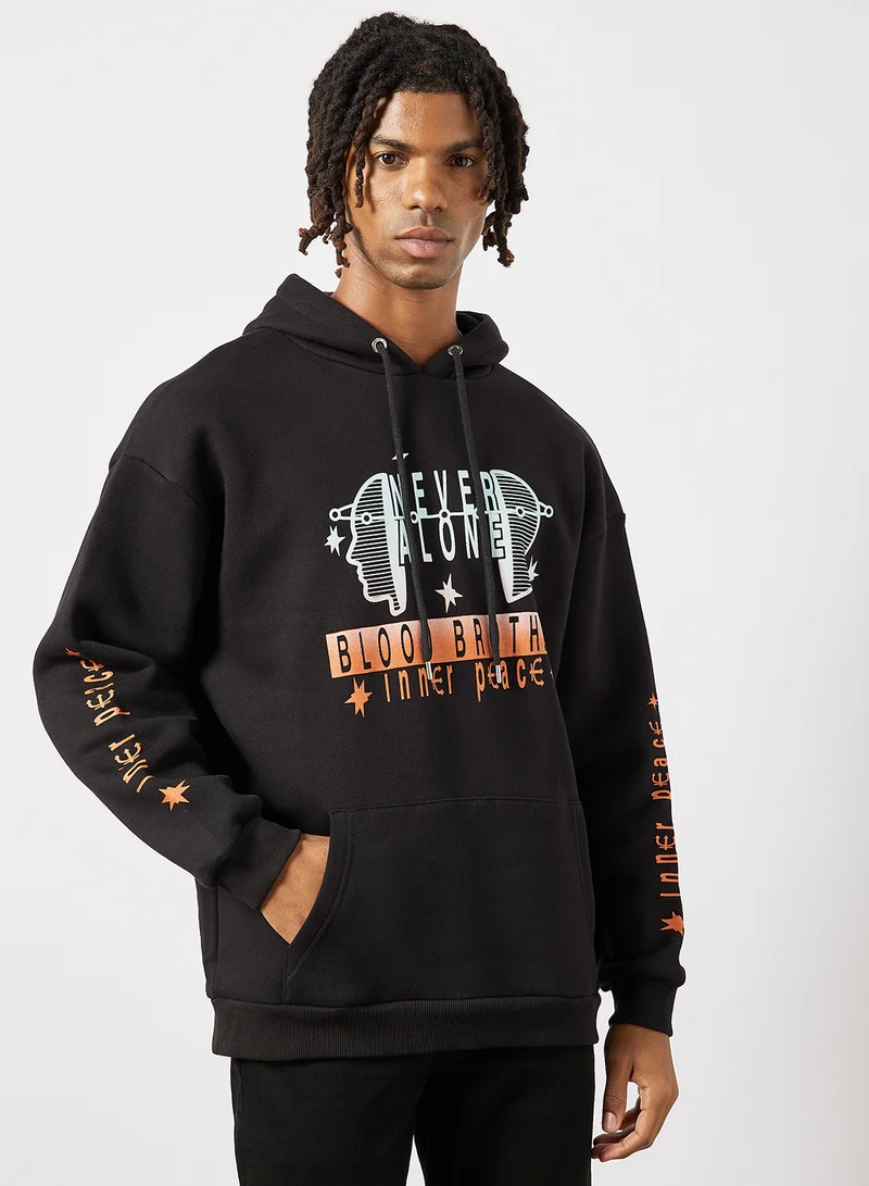 Blood Brother Slogan Print Hoodie Black