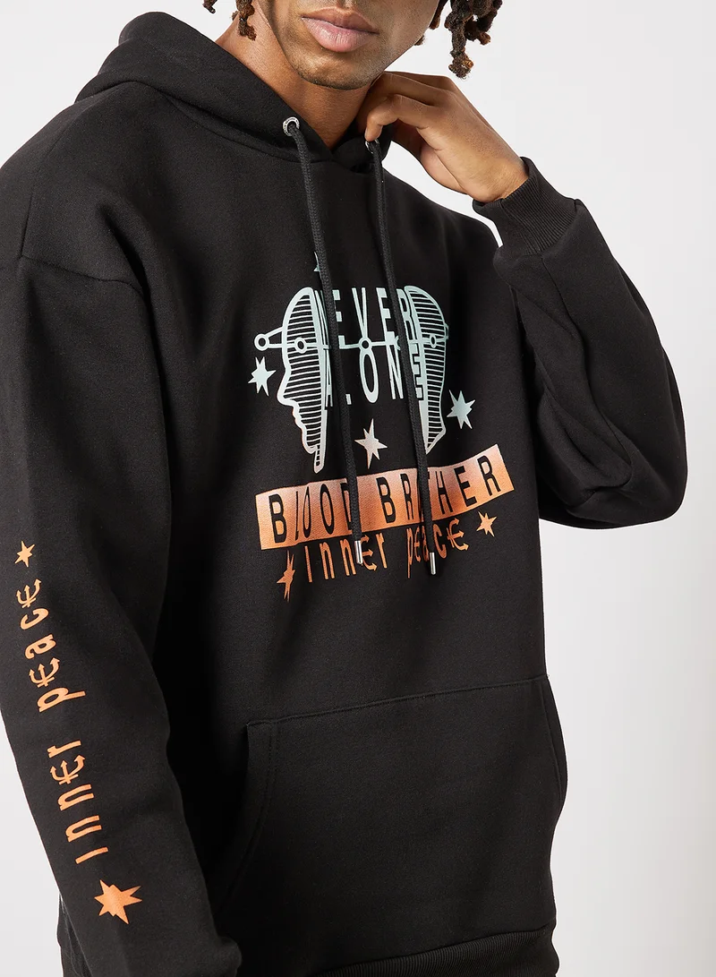 Blood Brother Slogan Print Hoodie Black