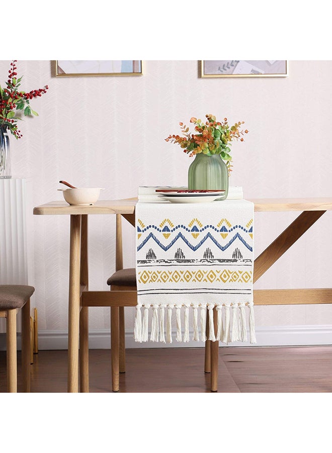 Generic Printed Cotton Woven Coffee Dining Table Runner Off White/Blue/Yellow 34x230cm  - Image 3